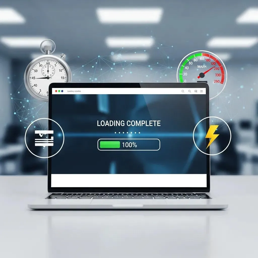 Laptop showing 'Loading Complete' at 100% with stopwatch and speedometer icons