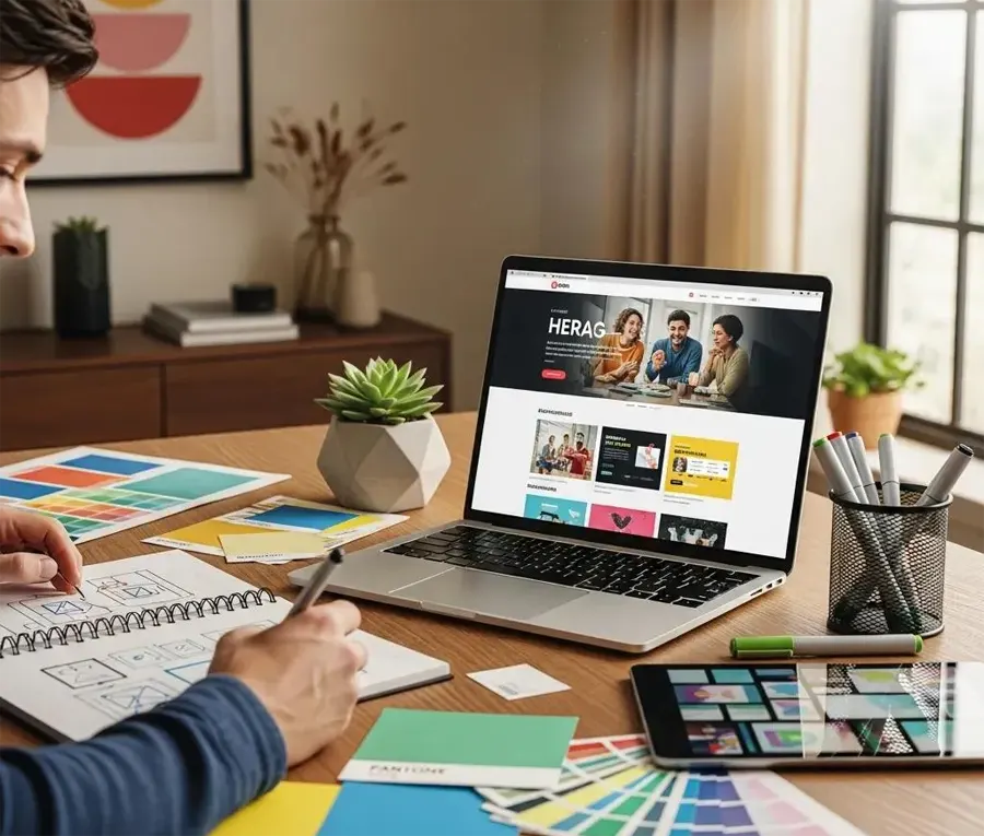 Laptop showing a website design beside colour swatches and a sketchbook