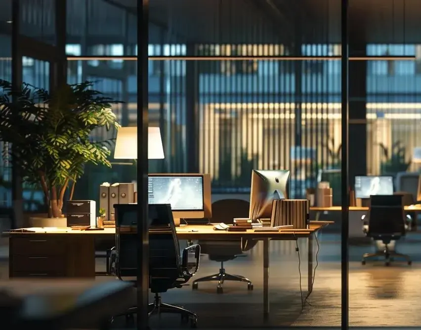 Empty modern office with desks and monitors in a glass-walled room