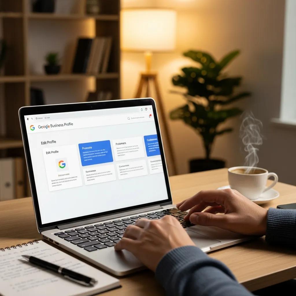 Person updating a Google Business Profile on a laptop in a comfortable office