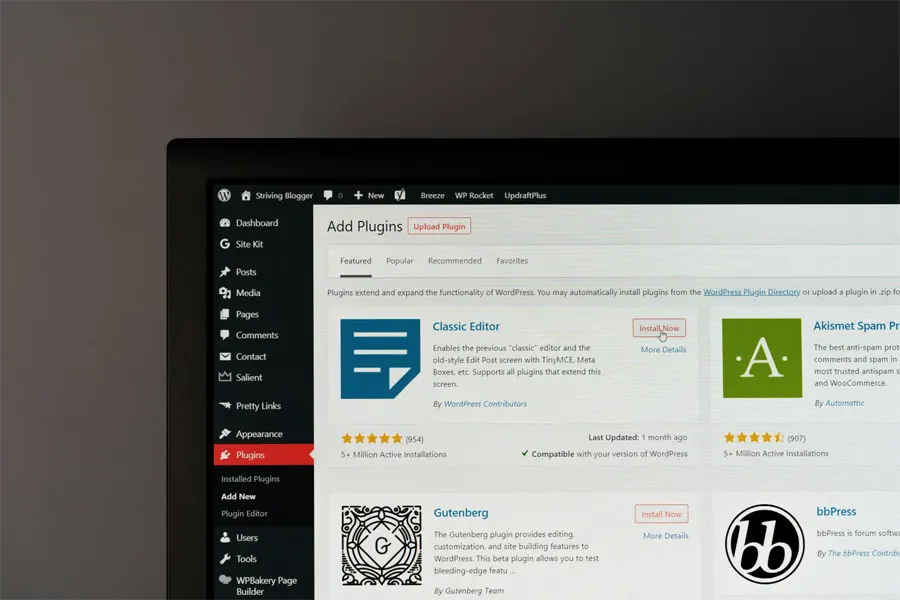 WordPress Add Plugins screen showing Classic Editor and Gutenberg
