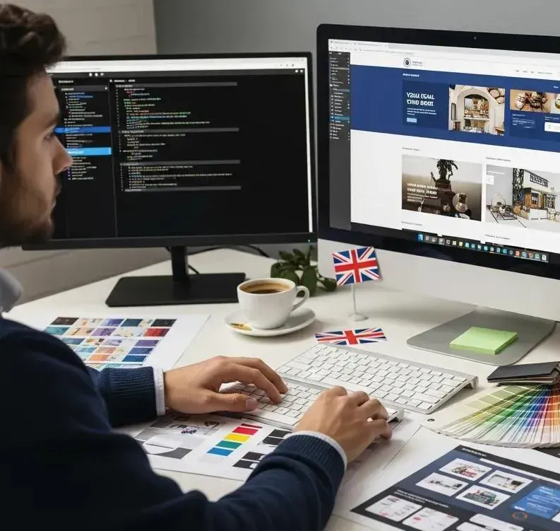 Web designer at a desk with two monitors, colour swatches and a small UK flag