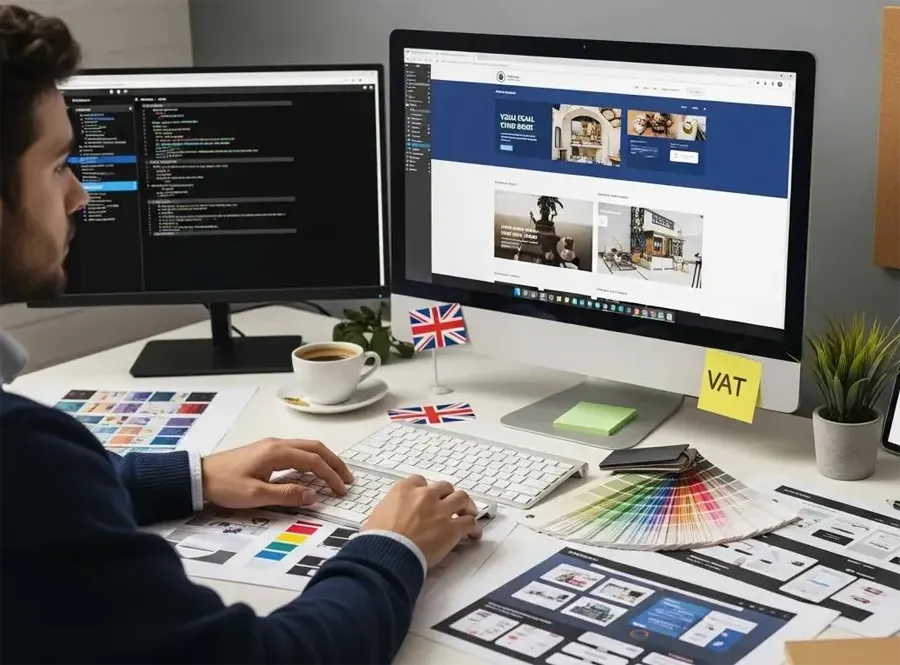 Web designer at a dual-monitor desk with colour swatches, a UK flag and a VAT note