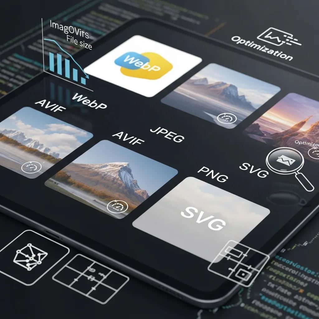 Tablet showing image format labels: WebP, AVIF, JPEG, PNG and SVG