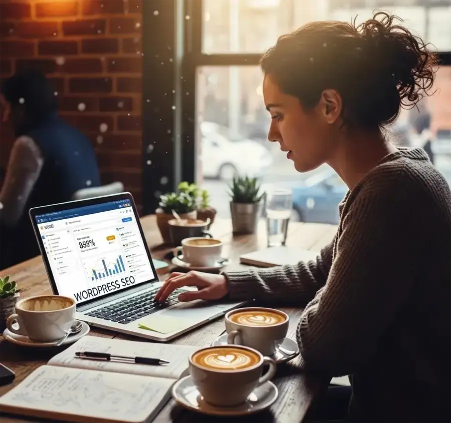 Woman working on a WordPress website at a laptop in a cafe
