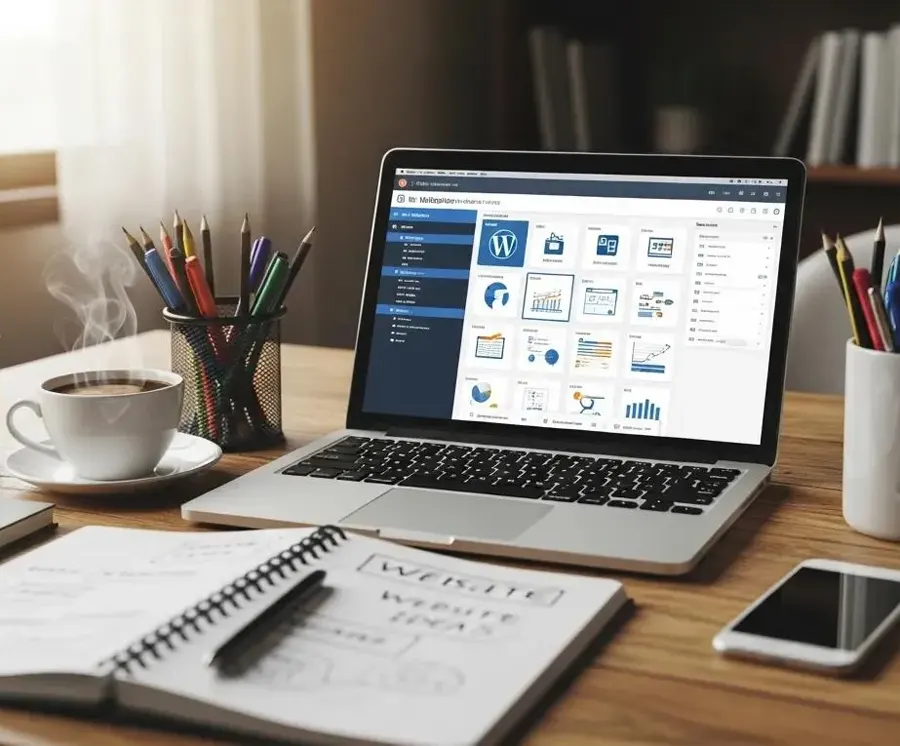 Laptop showing a WordPress dashboard beside a notebook, pencils and a phone
