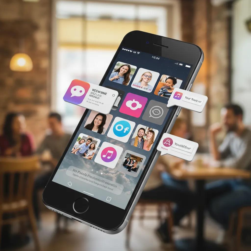 Smartphone displaying engaging social media content in a lively café setting