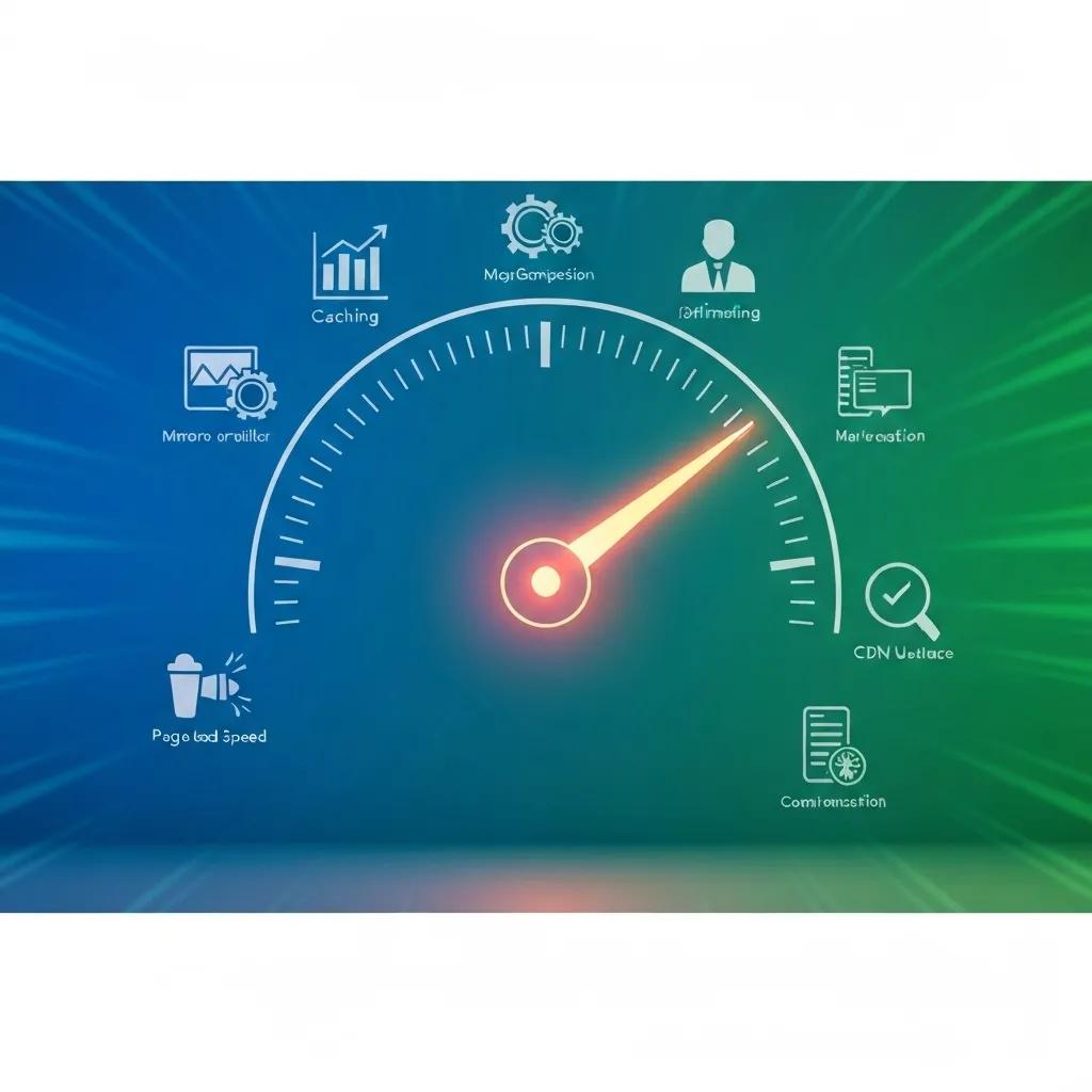 Speedometer symbolizing website performance optimization with icons for caching, image compression, and CDN