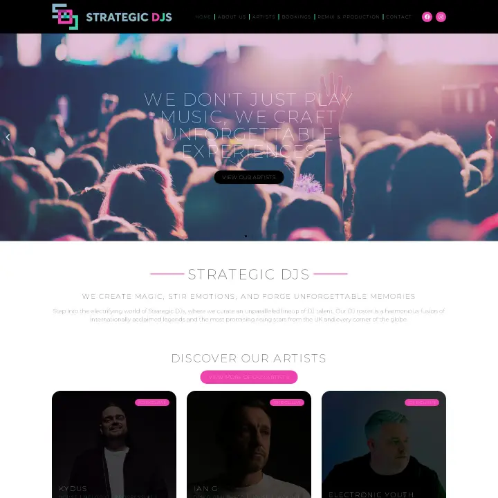 Strategic DJs website homepage with a crowd at a live DJ event