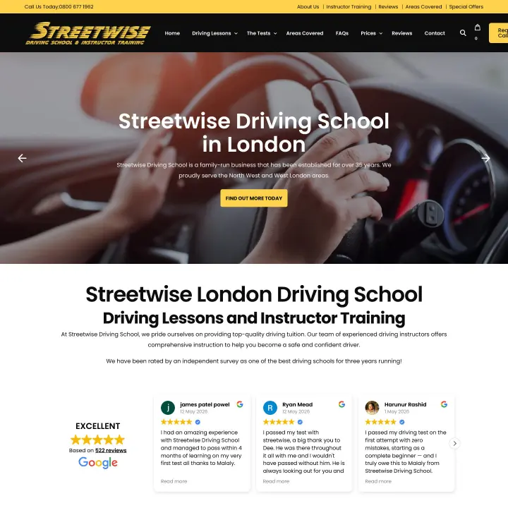 Streetwise London Driving School website homepage with hands on a steering wheel