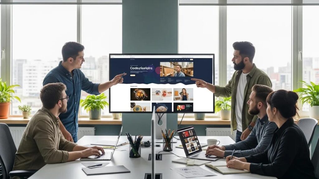 Team meeting around a table, discussing a website on a wall screen