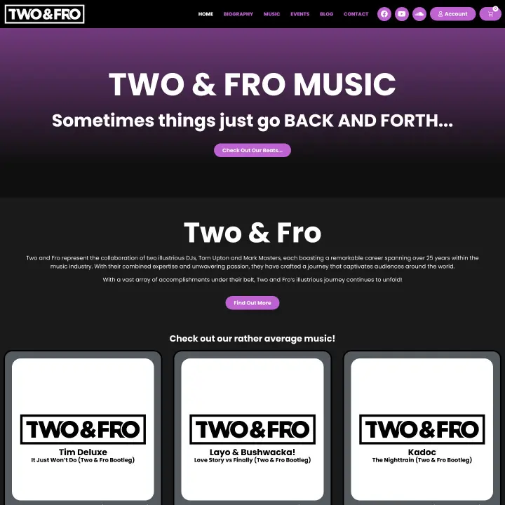 Two and Fro Music homepage featuring logo and music project branding, showcasing electronic and dance music offerings.