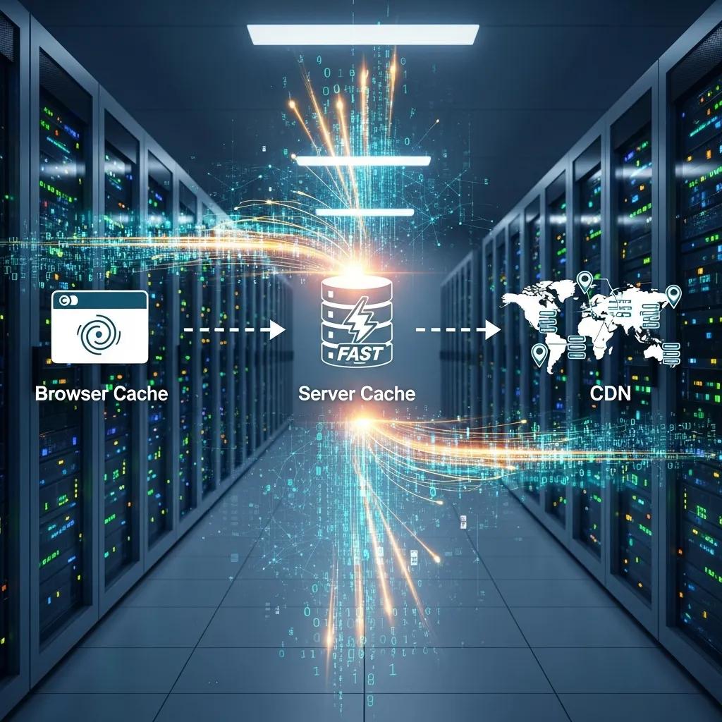 Visual representation of advanced caching strategies in a server room