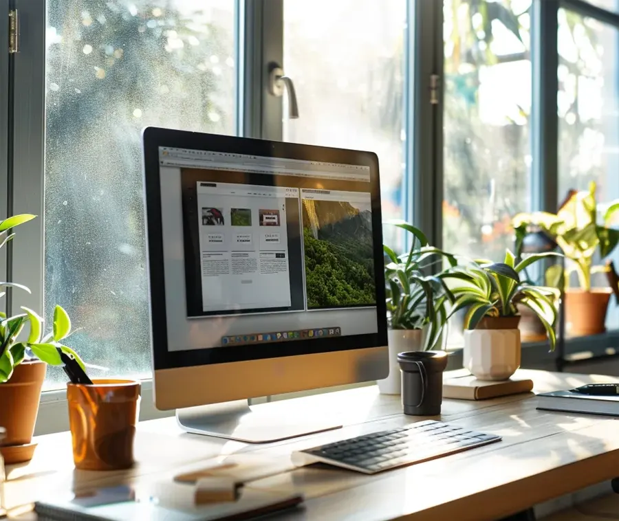Sunlit desk with an iMac showing a website, beside a window and plants