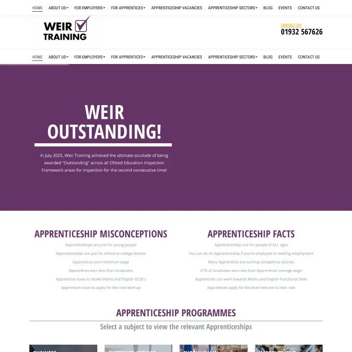 Weir Training website homepage with a 'Weir Outstanding!' banner and apprenticeship information