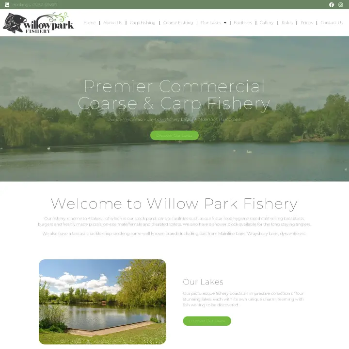 Willow Park Fishery website homepage with a lake photo