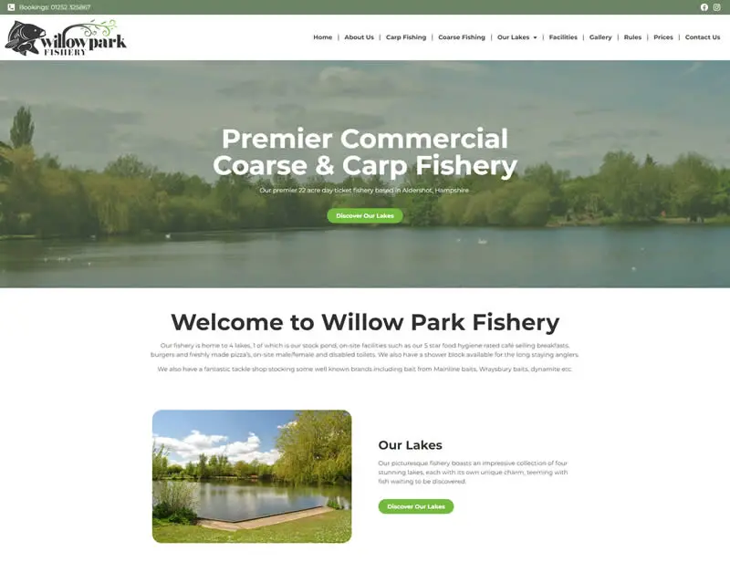 Willow Park Fishery website homepage showing a lake and the heading 'Premier Commercial Coarse & Carp Fishery'