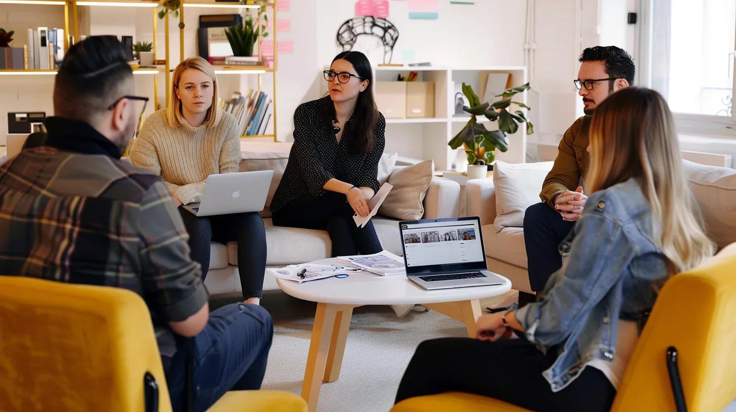 Group of UK business owners discussing website design costs in a modern office
