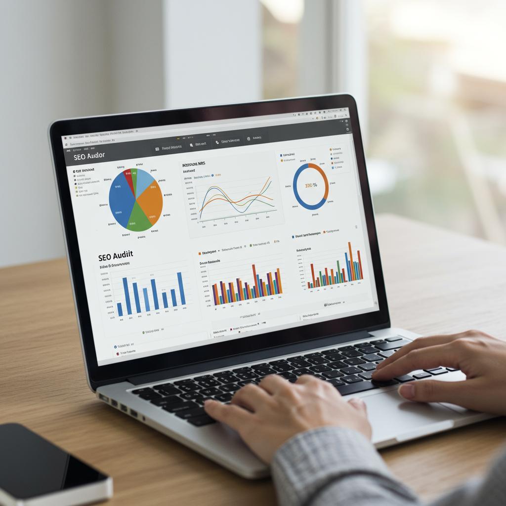 Analytics dashboard on a screen with a team discussing SEO — the benefits of regular maintenance for search visibility.