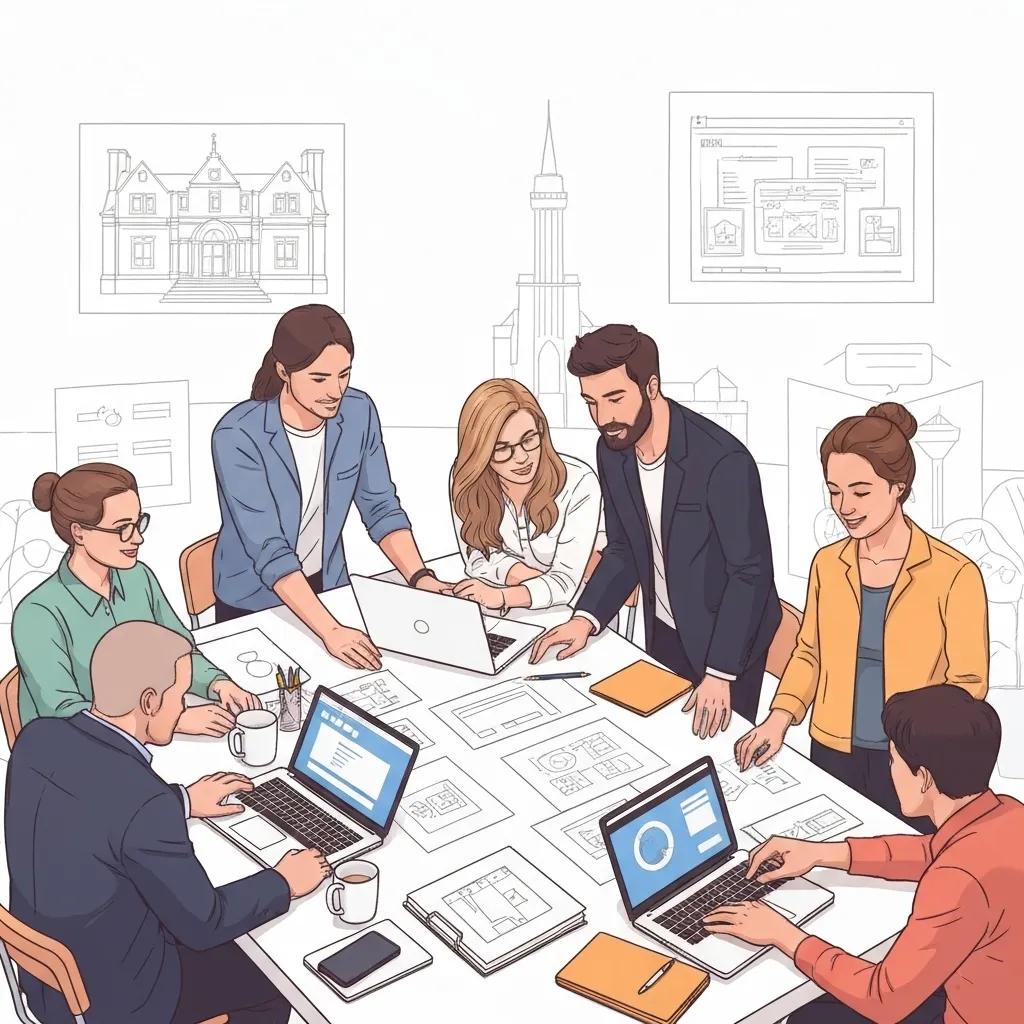 Team of web designers collaborating around a table with laptops and design plans, illustrating local web design services in Farnborough for business growth.