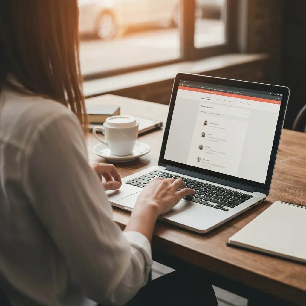 Woman using laptop at a café, engaging with web design interface, coffee cup and notebook nearby, emphasizing remote work and digital solutions for local businesses in Farnborough.