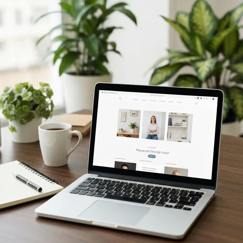 Laptop displaying a clean web design layout with images and text, surrounded by a coffee cup, notebook, and green plants, illustrating effective web design and SEO integration for improved online presence.