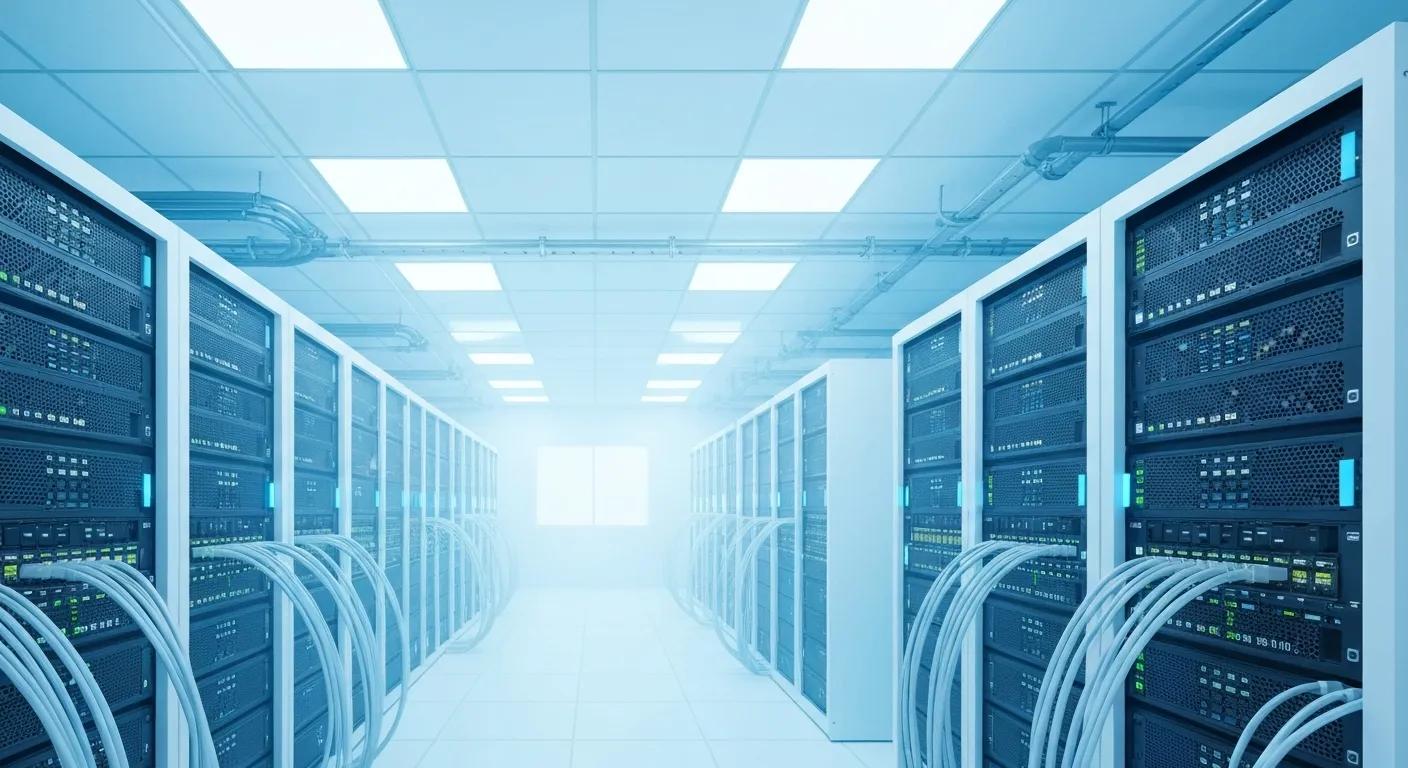 Data centre with server racks and network cables, illustrating infrastructure for WordPress site migration and SEO optimisation.