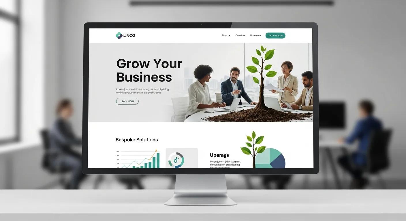 Computer screen displaying a website homepage featuring "Grow Your Business" text, bespoke solutions, a tree graphic emerging from soil, and a diverse group of professionals collaborating in a modern office setting.