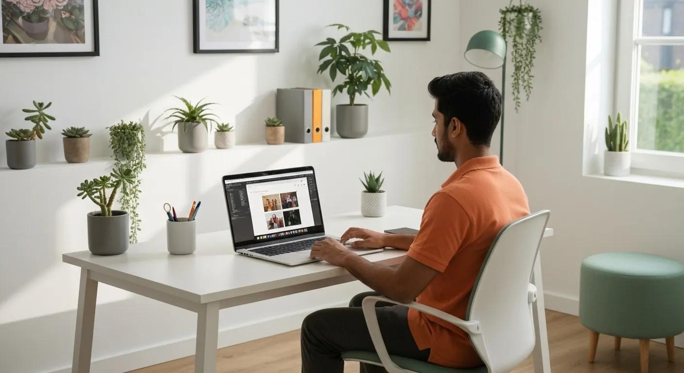 Person working on a laptop in a modern home office, surrounded by plants and artwork, illustrating SEO-friendly web design strategies for enhanced user experience.