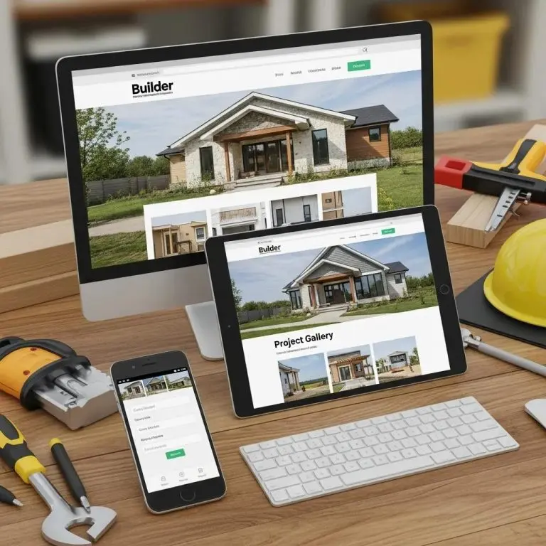 Desktop, tablet, and smartphone displaying a construction website design titled "Builder", showcasing project gallery images, on a wooden workspace with tools and a yellow hard hat, illustrating responsive web design for builders and contractors.