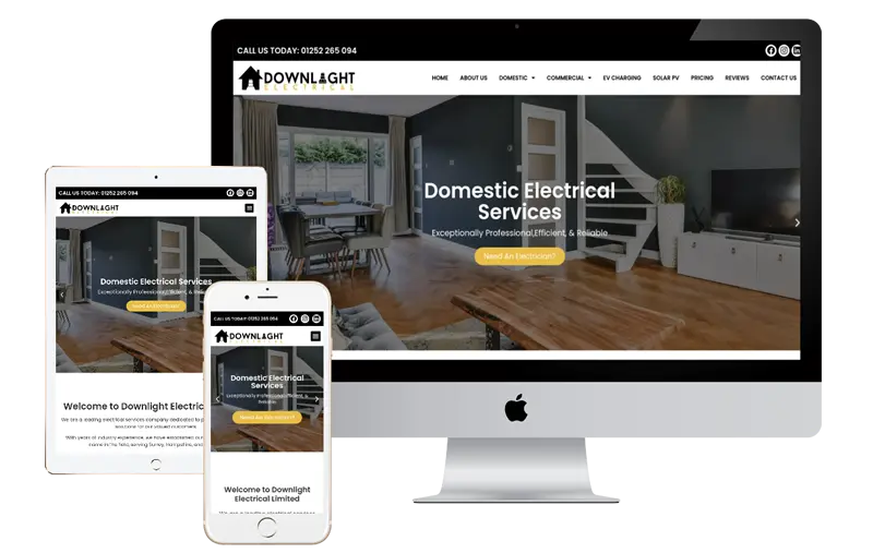 Website layout for Downlight Electrical, showcasing domestic electrical services on desktop and mobile devices, featuring a modern interior setting with a wooden table and seating area.