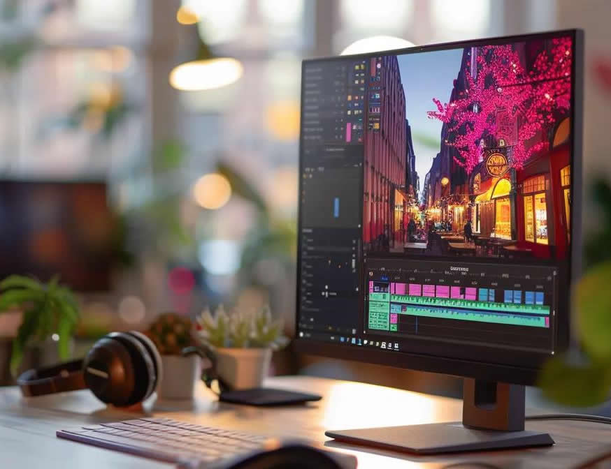 Computer monitor displaying vibrant street scene with pink lights and video editing software, surrounded by headphones and plants, illustrating modern web design and digital creativity for businesses in Camberley.