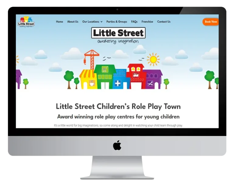 WordPress website design mockup for SO Web Designs, showcasing a colourful children's role play town website.