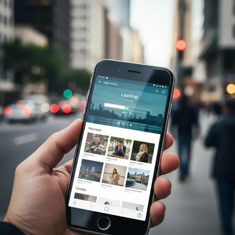 Person holding smartphone displaying a loading screen with various images, illustrating mobile responsiveness and user engagement for web design services.