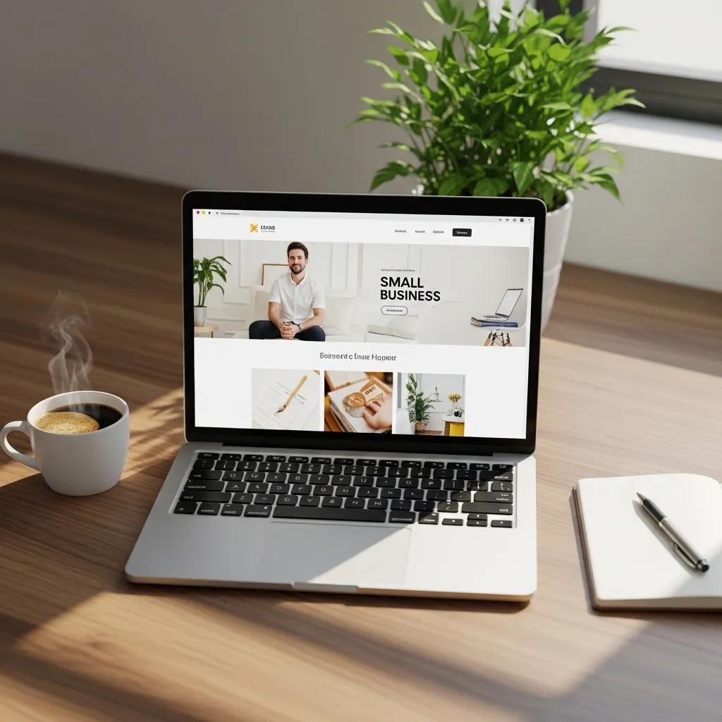 Modern workspace with laptop displaying a small business website design, featuring a professional layout, coffee cup, and indoor plant, emphasising creativity and online presence for small businesses.