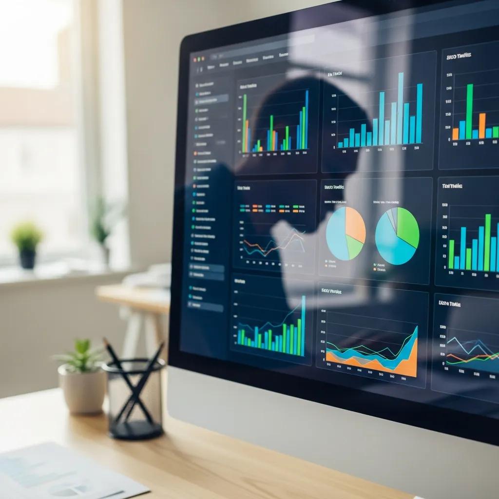 Person analysing SEO metrics on computer screen, showcasing graphs and charts to illustrate digital performance and visibility for small businesses.