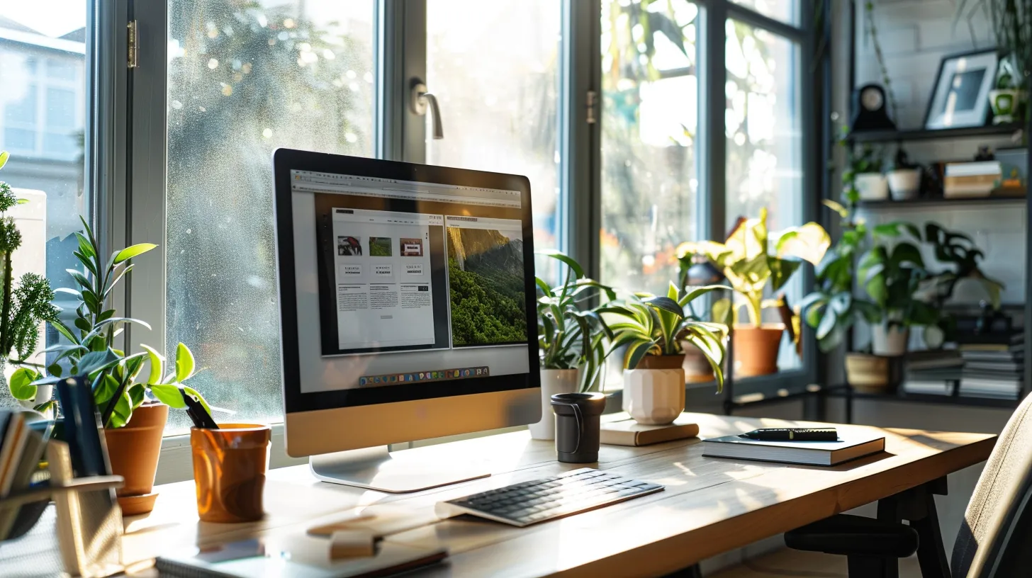 a sleek, modern workspace showcasing an elegant wordpress website design displayed on a high-resolution screen, bathed in soft, natural light filtering through large windows, surrounded by minimalist dÃ©cor that accentuates creativity and professionalism.