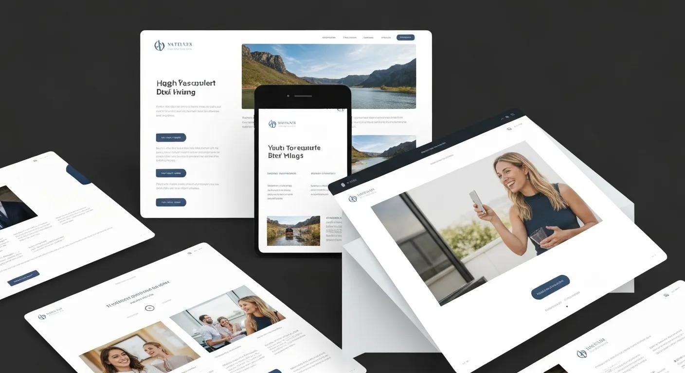 Website design mockup showcasing responsive layouts on multiple devices, including a smartphone and tablet, featuring a user-friendly interface and engaging visuals to enhance small business user experience.