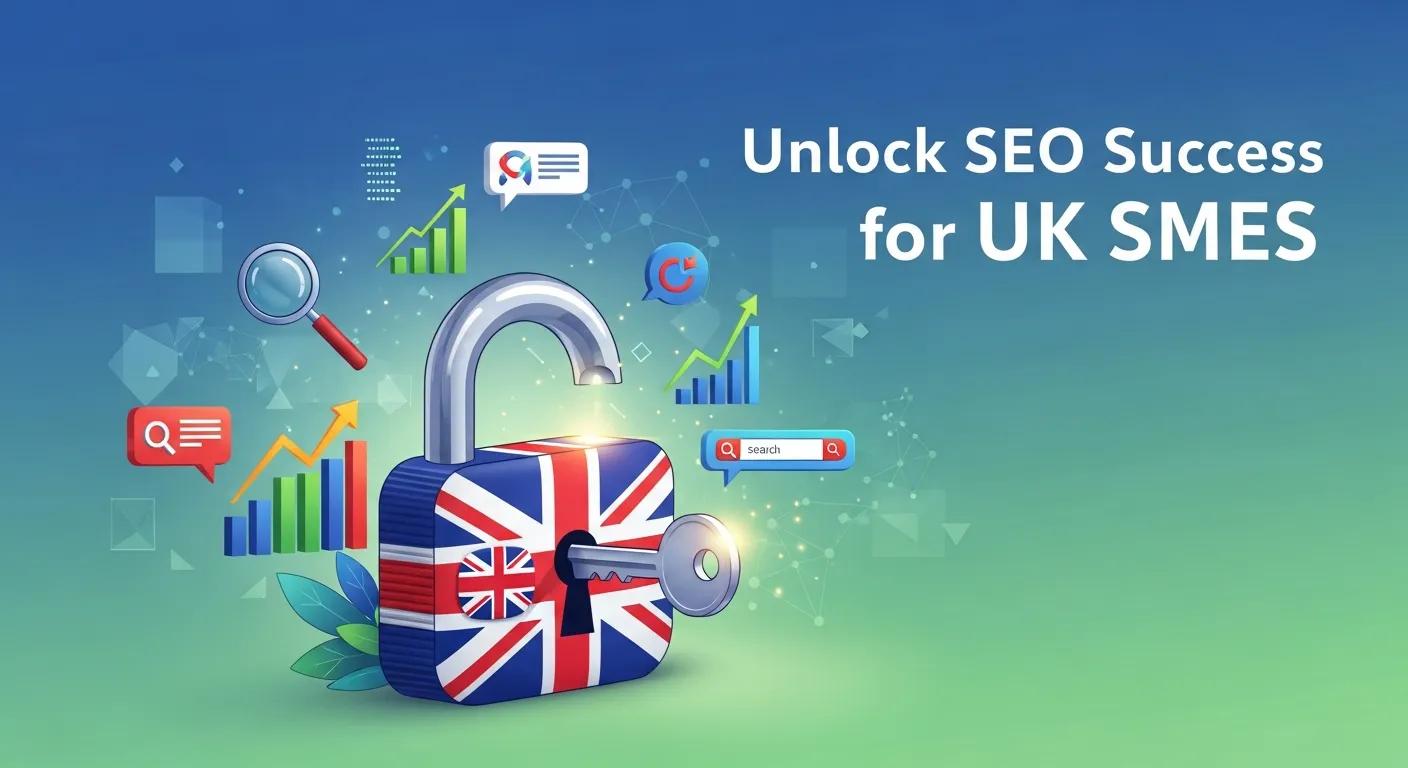 Illustration of a padlock with a British flag, symbolising unlocking SEO success for UK SMEs, surrounded by search-related icons and upward trend graphs.