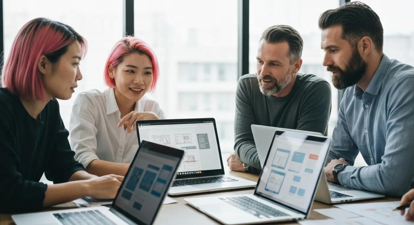 Group of web designers collaborating around laptops, discussing WordPress project designs in a modern office setting.