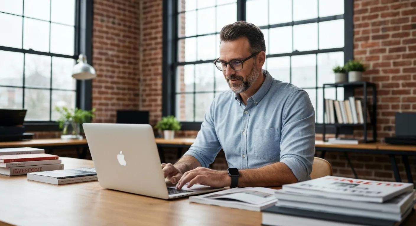 A local business owner confidently crafting their online presence in a modern, inspiring workspace