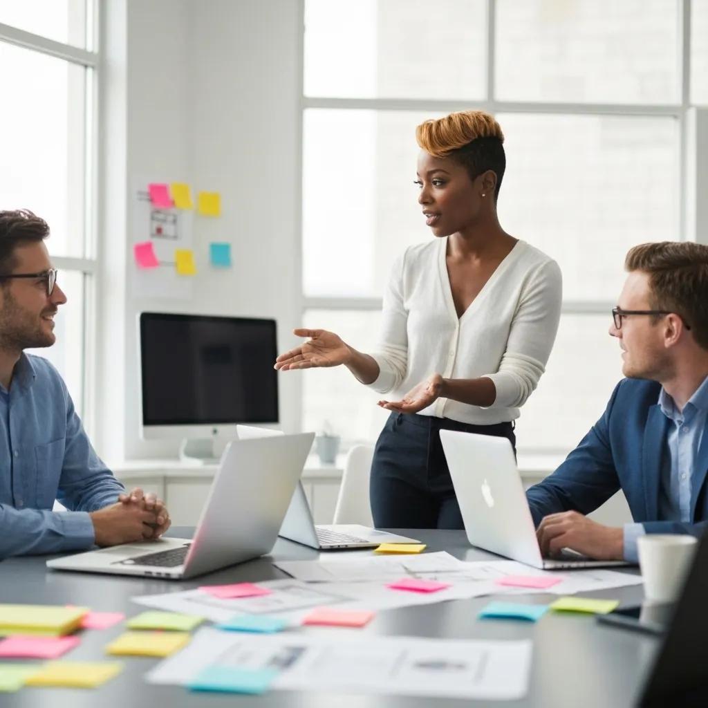 Diverse professionals collaborating in a modern workspace, discussing website redesign strategies with laptops and design materials on the table, emphasising teamwork and creativity in web design services.