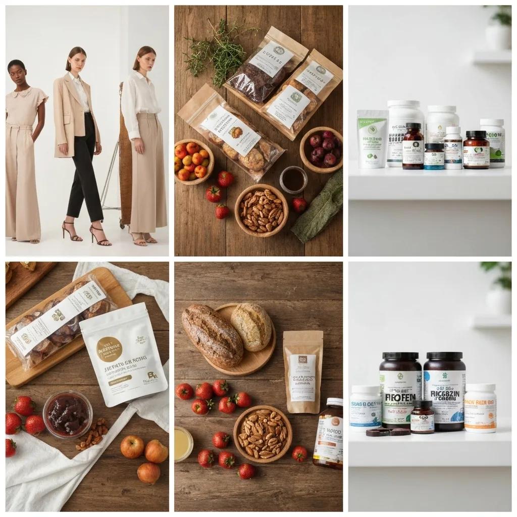 Collage of successful Surrey e-commerce businesses showcasing diverse products, including fashion items, health supplements, and gourmet snacks, highlighting the benefits of bespoke online store design.