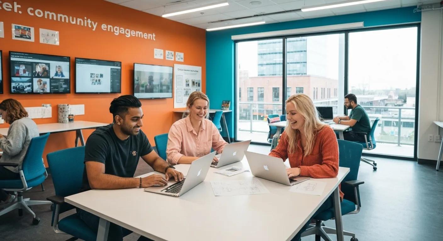 Local web designers collaborating in a modern office, emphasising community engagement and creativity