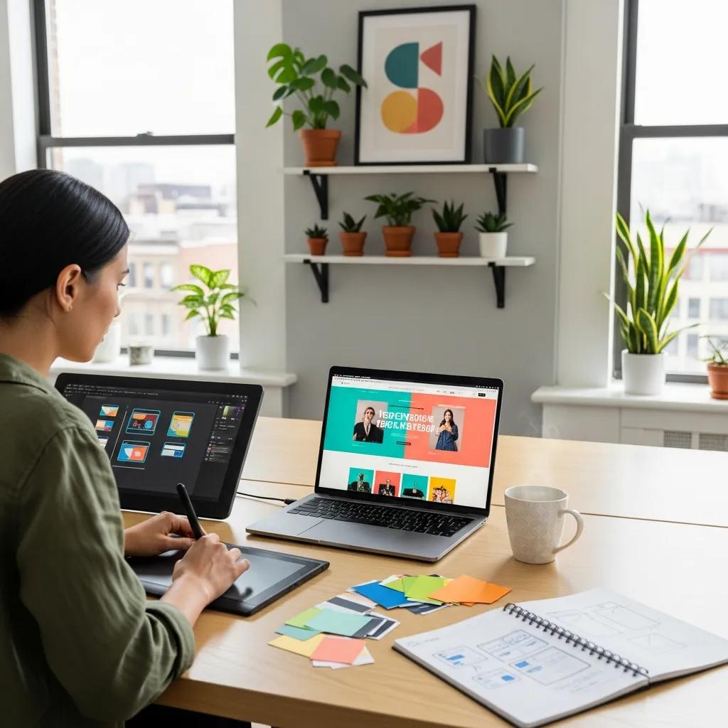 Designer working on a laptop in a modern office, showcasing vibrant website design elements