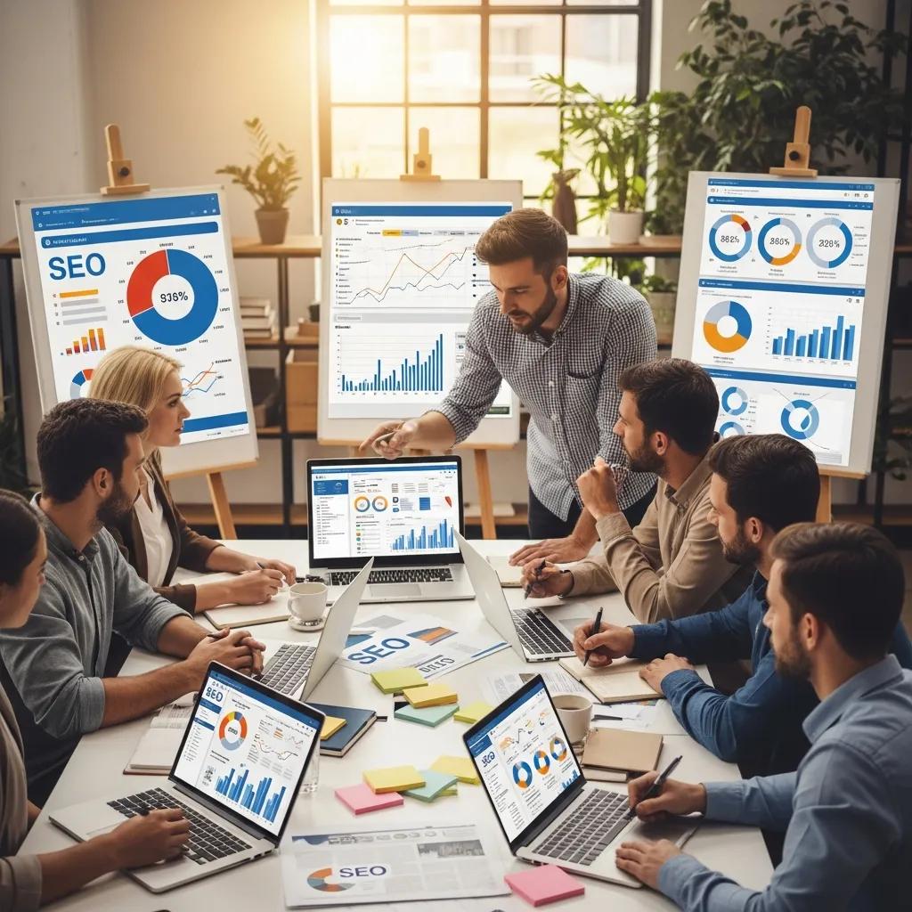 Digital marketing team collaborating on SEO strategies in a modern office