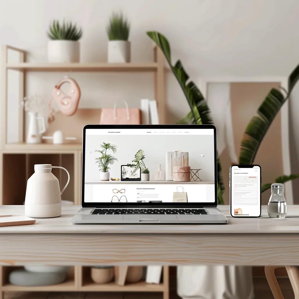 Laptop and smartphone displaying an aesthetically pleasing e-commerce website with product images, surrounded by decorative plants and minimalist decor, representing effective web design for local businesses in Farnborough.