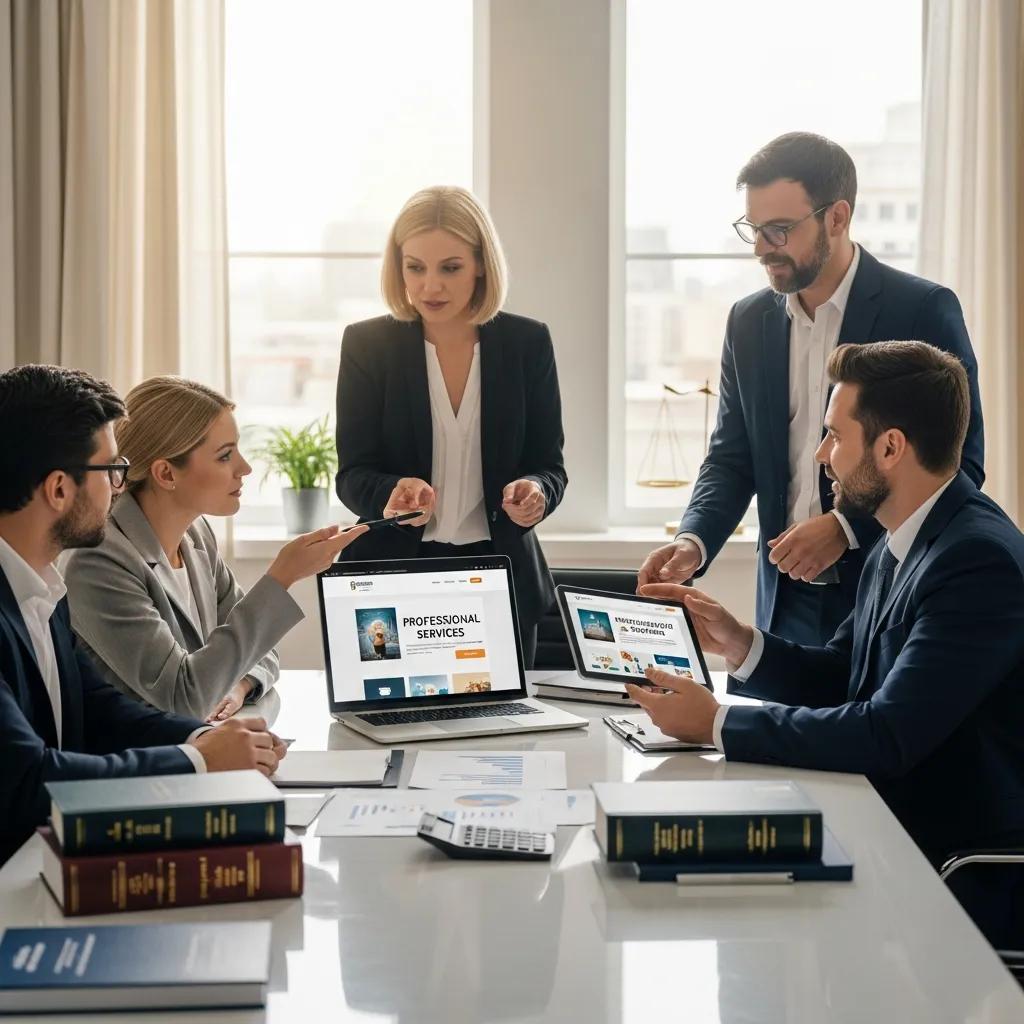 Diverse professionals collaborating in a modern office, representing web design for accountants, lawyers, and consultants