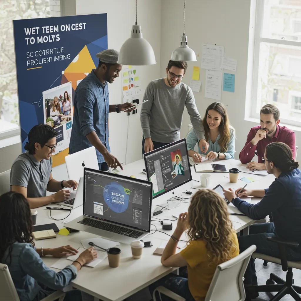 Diverse team collaborating on content promotion strategies in a modern office, discussing ideas around multiple laptops and a presentation board, emphasising effective marketing tactics for enhanced brand visibility.