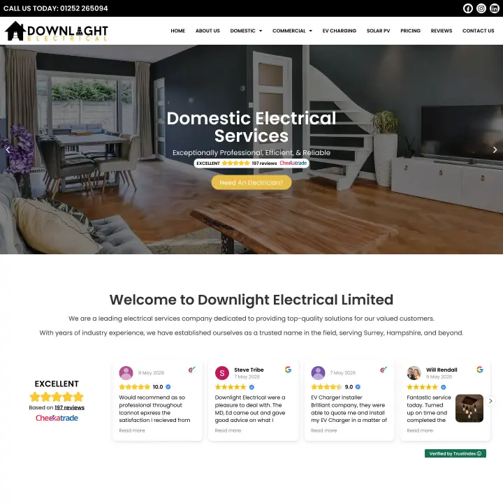 Domestic electrical services webpage featuring modern living room with electrical installations, showcasing Downlight Electrical's commitment to quality and customer satisfaction.